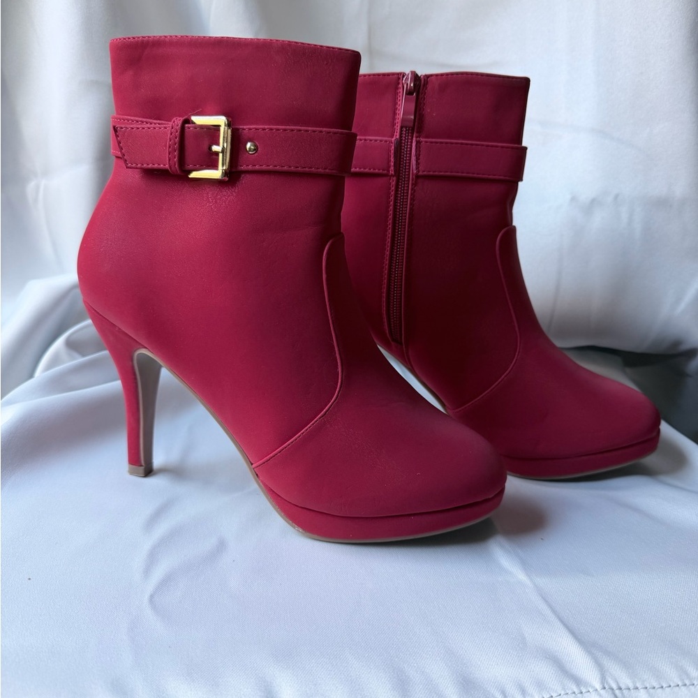 Women's Red High-Heel Ankle Boots with Buckle